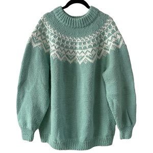 Women's Mint Green Sweater with White Fair Aisle Pattern